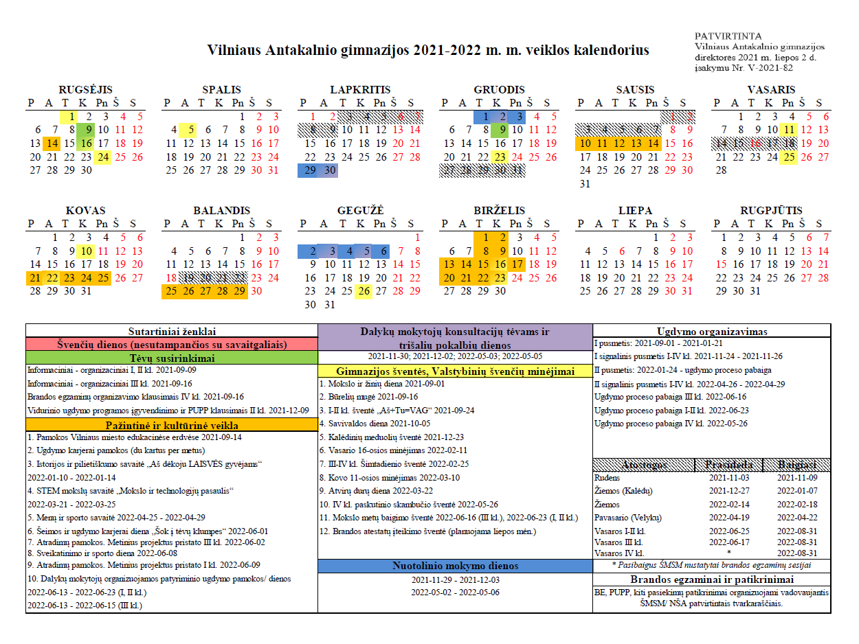 Gimnazijos Veiklos Kalendorius Vilniaus Antakalnio Gimnazija